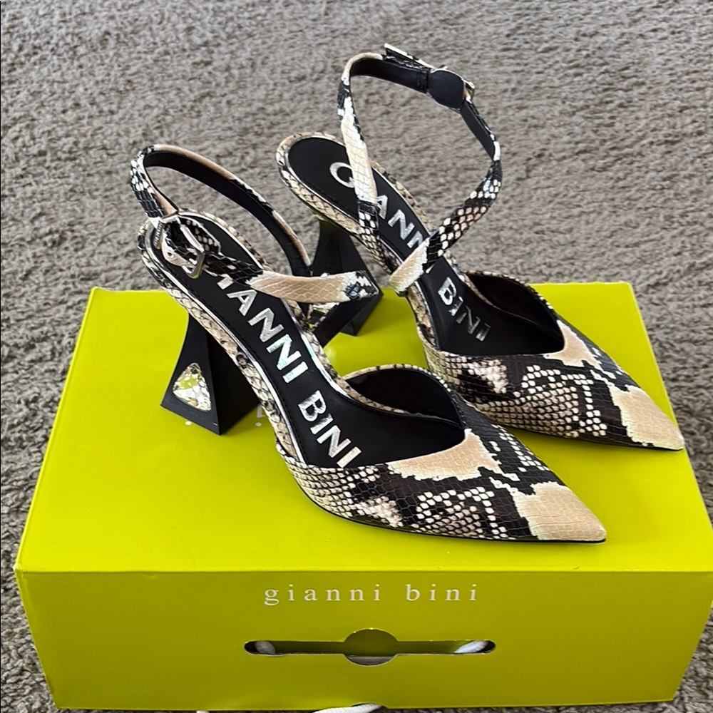 Gianni Bini Tallia Snake Print Asymmetrical Strap Jewel Heel Pumps
